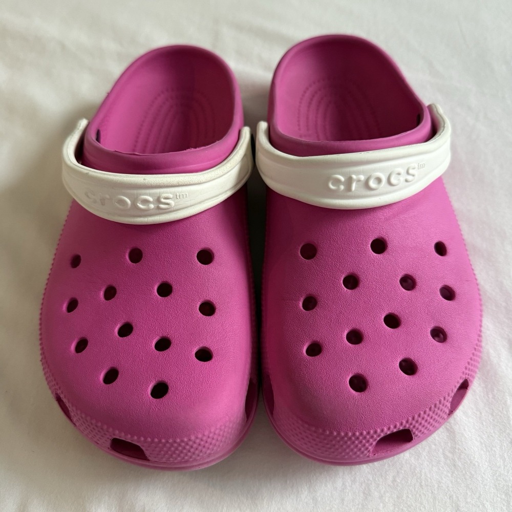 Crocs Classic Clogs Women's Sz 9 Hot Pink And Oyster White Logo Strap